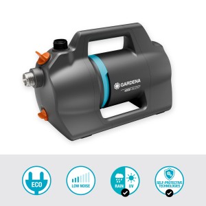 Gardena Gartenpumpe 4200 Silent, graue Elektropumpe mit Tragegriff und blauem Akzent.