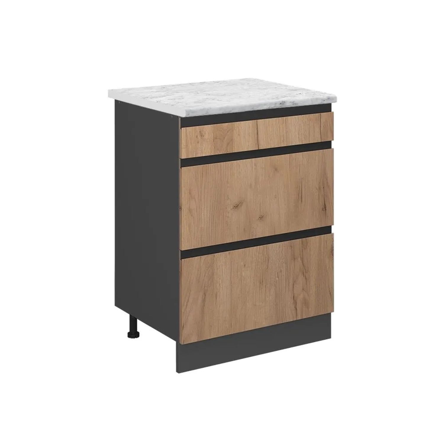 Vicco Schubladenschrank R-Line Schubladenschrank für die Küche Goldkraft Eiche 60 cm J-Shape AP Marmor mit Anthrazit Korpus