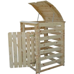 Timbela Mülltonnenbox M606-1 aus Holz für einen Müllbehälter mit geöffneter Tür und Deckel.