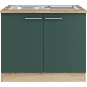 OPTIFIT Savona405 Spülenunterschrank, 100 cm, Steingrün mit Edelstahlspüle und Arbeitsplatte in Holzoptik.