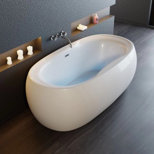 Freistehende, ovale, weiße Acryl Badewanne (180x100x60cm) mit Armatur und Siphon.