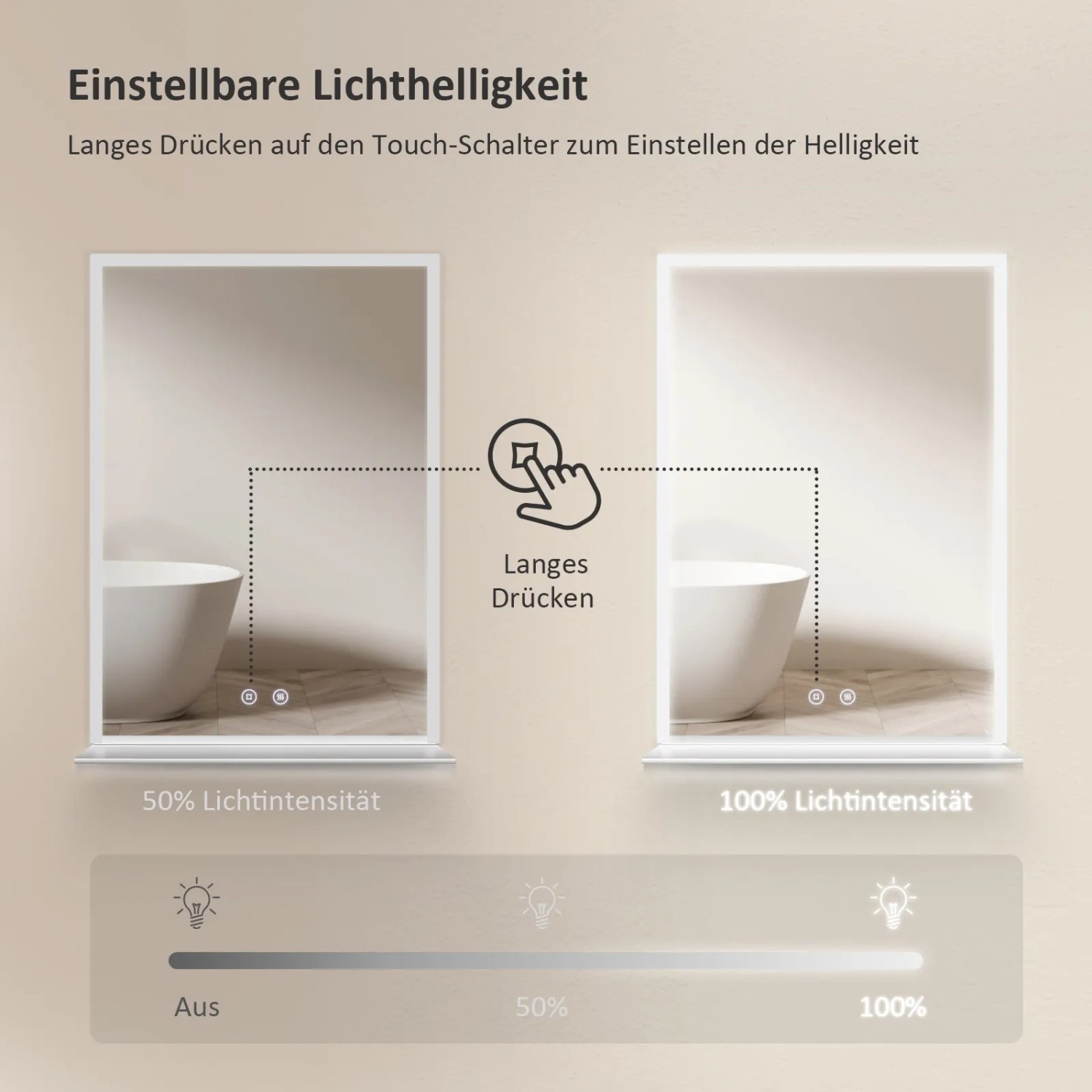 Emke Badspiegel mit Touch-Funktion zur Helligkeitsregelung, kaltweißes Licht.