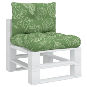 Grünes Palettenkissen-Set mit Blattmuster auf weißer Palette. Bequeme Sitz- und Rückenauflage für Gartenmöbel.