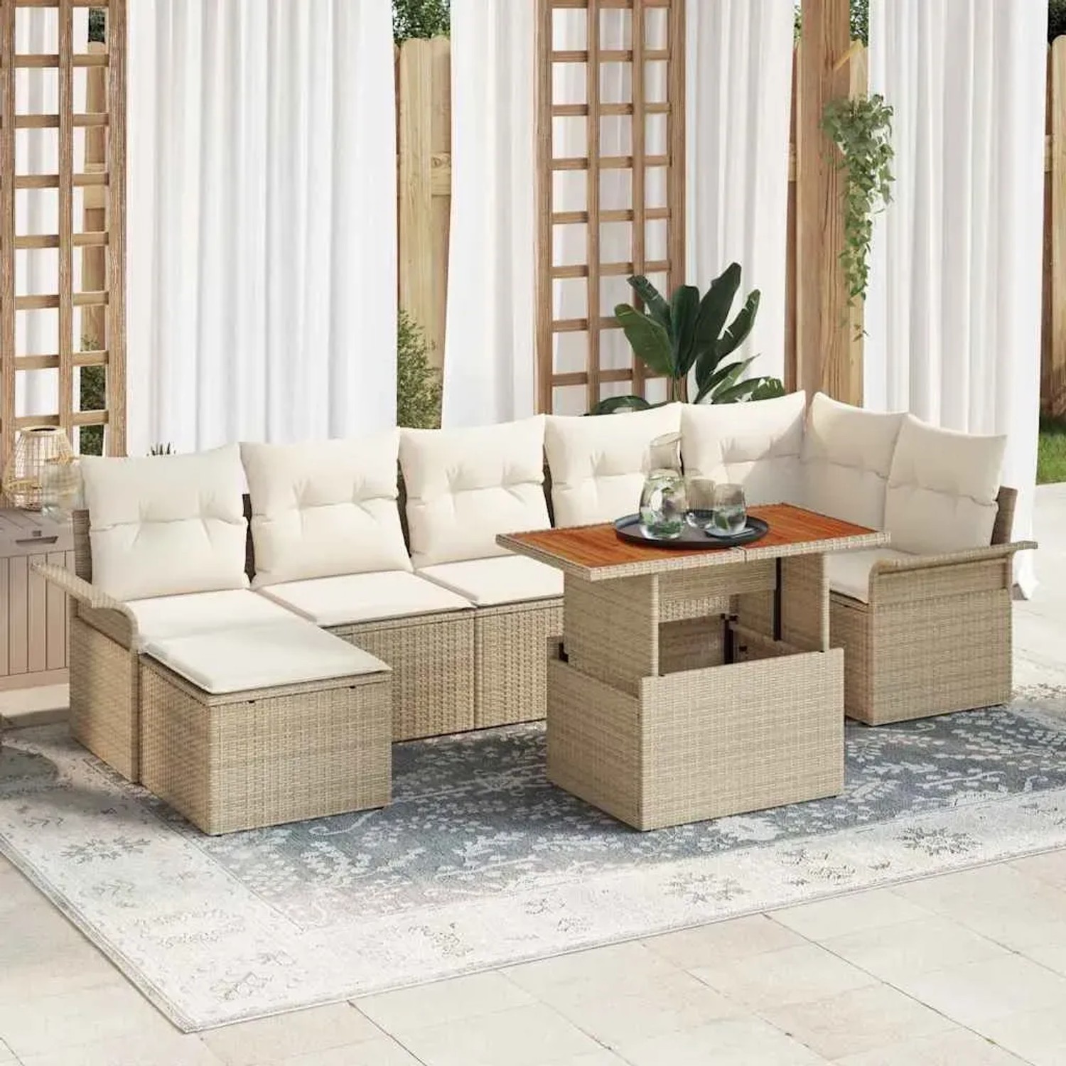 Beiges 8-tlg. vidaXL Garten-Sofa-Set aus Poly Rattan mit Stauraum.