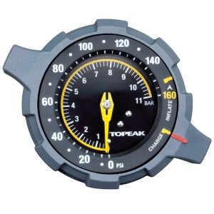 Schwarzes Topeak Manometer für JoeBlow Booster Standpumpe. Zeigt Reifendruck in Bar und PSI an, mit Lade- und Inflate-Modus.