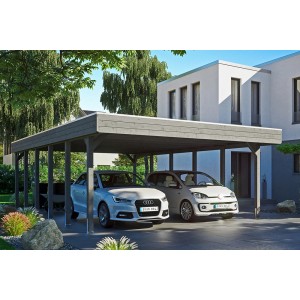 Doppelcarport Friesland in Schiefergrau mit Aluminiumdach und zwei parkenden Autos.
