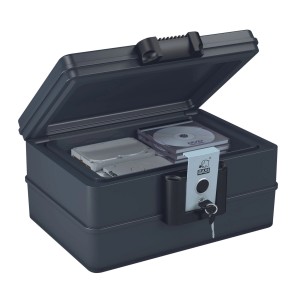Geöffnete, feuerfeste Basi Dokumentenbox mit Schlüssel, Festplatte und DVD. Tresor für Dokumente.