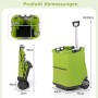 Grüner, klappbarer 50L Einkaufstrolley mit Rollen und ausziehbarem Griff. Zeigt gefaltete und ungefaltete Ansicht mit Maßen.