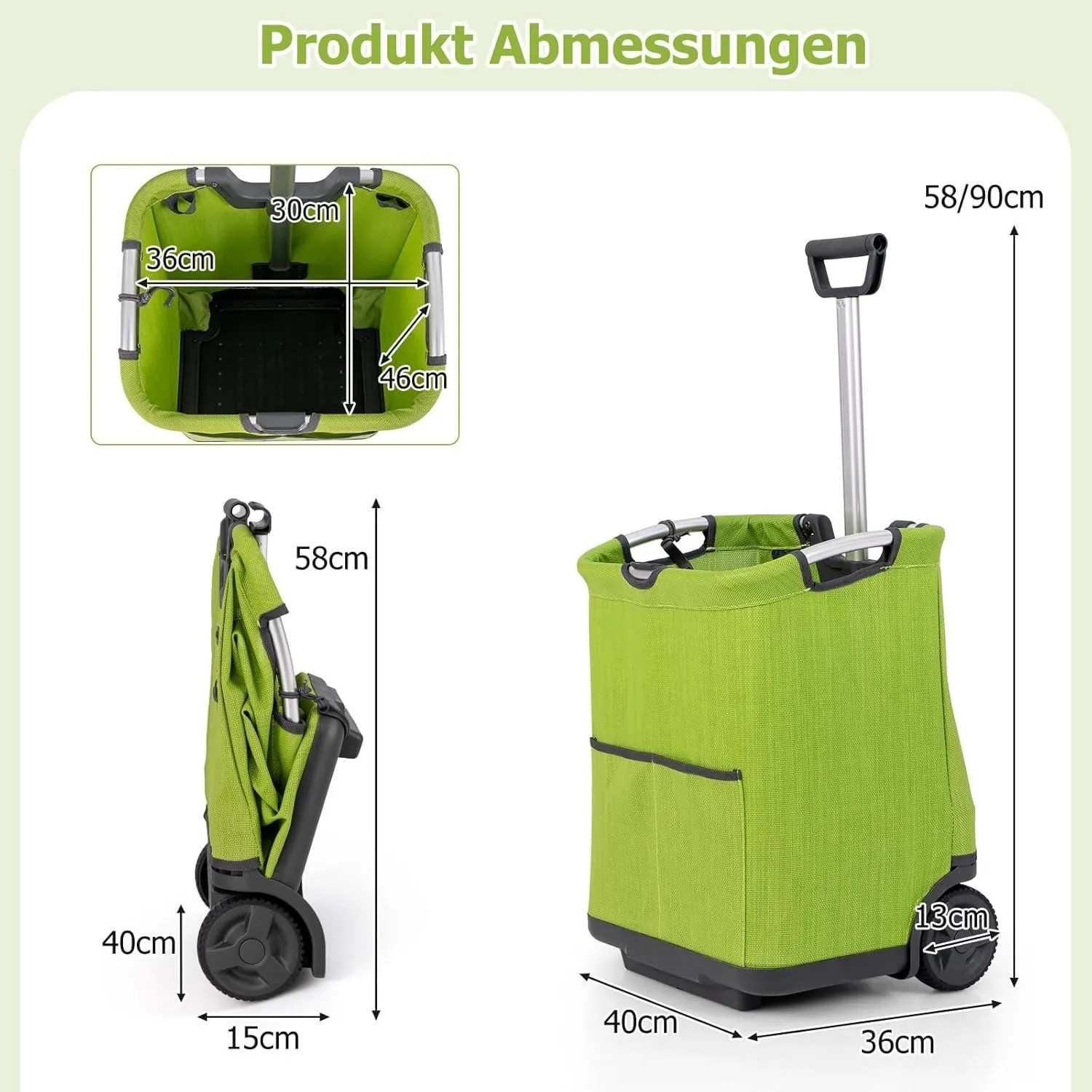 Grüner, klappbarer 50L Einkaufstrolley mit Rollen und ausziehbarem Griff. Zeigt gefaltete und ungefaltete Ansicht mit Maßen.