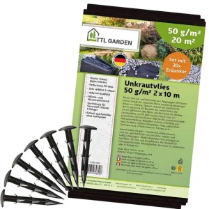 TTL GARDEN Unkrautvlies 50g/m² 2x10m 20m² Schwarz Inkl. 30 Erdanker 12cm Gartenvlies Mulchvlies Wasserdurchlässig UV-stabil