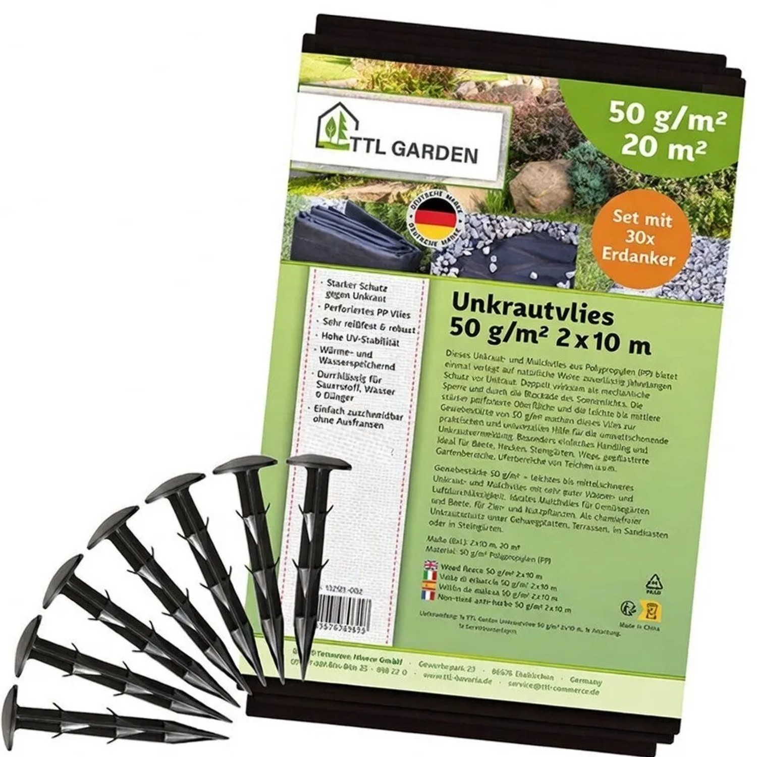 TTL GARDEN Unkrautvlies 50g/m² 2x10m 20m² Schwarz Inkl. 30 Erdanker 12cm Gartenvlies Mulchvlies Wasserdurchlässig UV-sta...