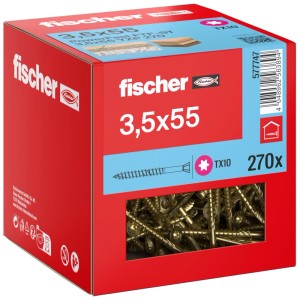Fischer Dielenschrauben 3,5x55 mm, 270 Stk. im roten Karton mit Schrauben und Produktinformationen.