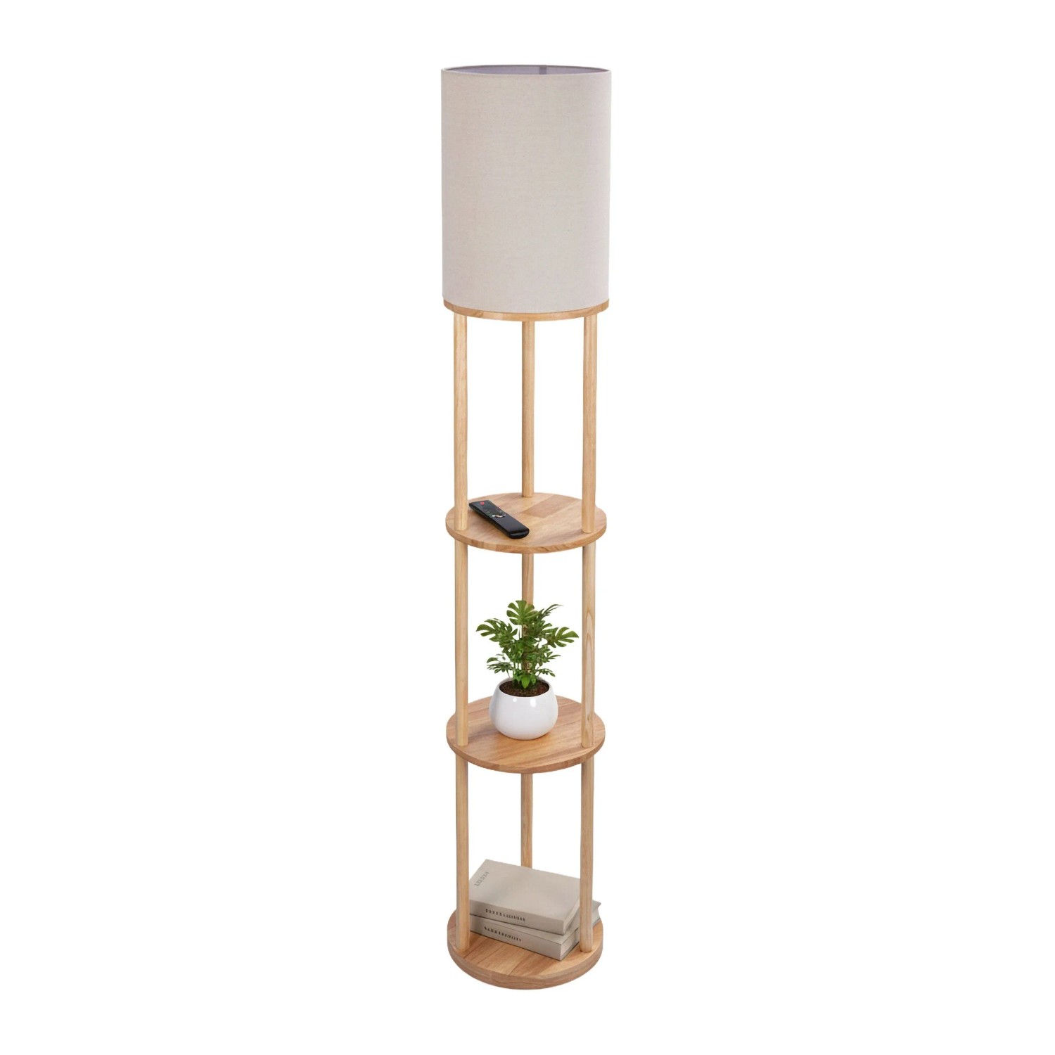 Relaxdays Stehlampe Holz Leinen Kunststoff Naturweiß mit 3 Ablagen Rutschfest 180 cm x 30 cm 6 kg