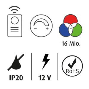 Icons für FN Acustico LED-Streifen: Steuerung, Dimmfunktion, RGB-Farben, IP20, 12V, RoHS.