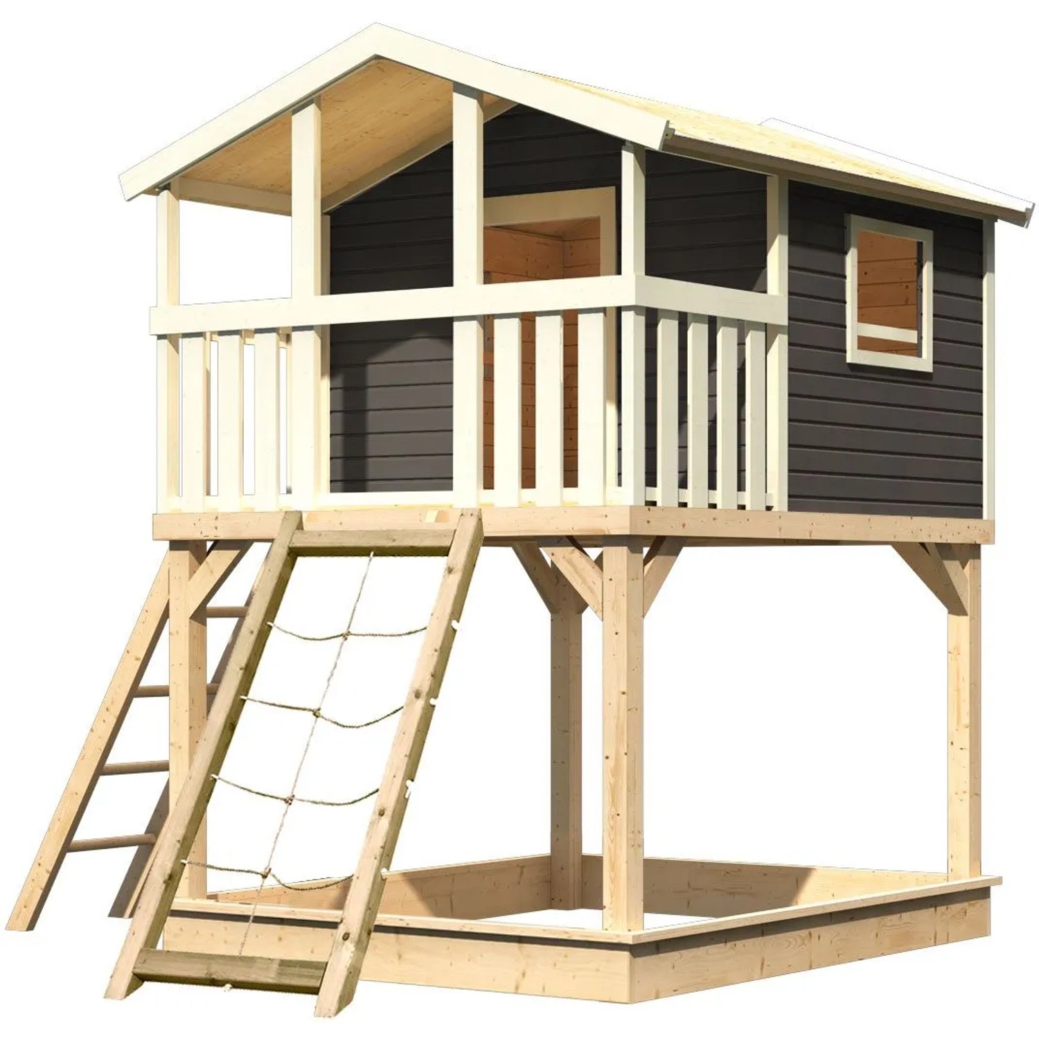 Karibu Stelzenhaus Benjamin mit Netzrampe in Terragrau, Spielturm mit Leiter und Sandkasten.