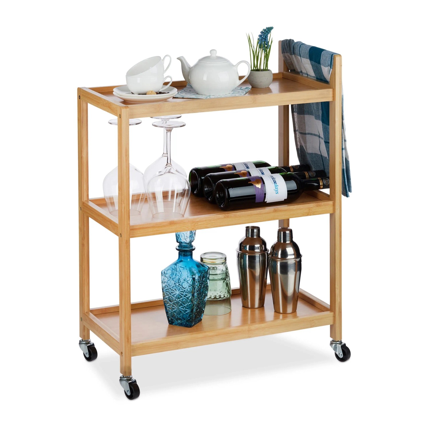 Relaxdays Servierwagen Bambus Natur Mit 3 Ablagen 76,5 cm x 58 cm x 30 cm