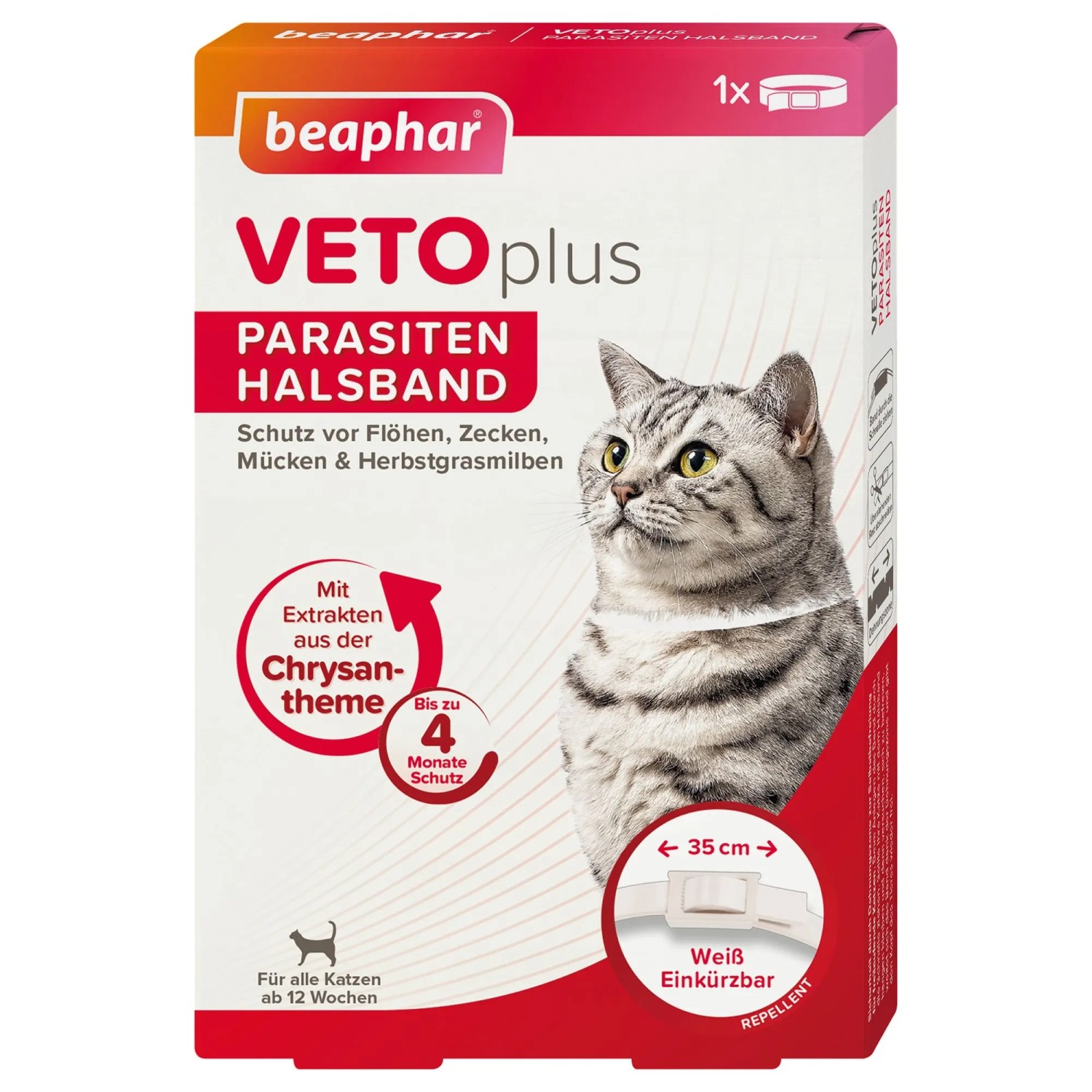 Beaphar Vetoplus Parasitenhalsband für Katzen, weiß, 35 cm, zum Schutz vor Zecken, Flöhen und Mücken.