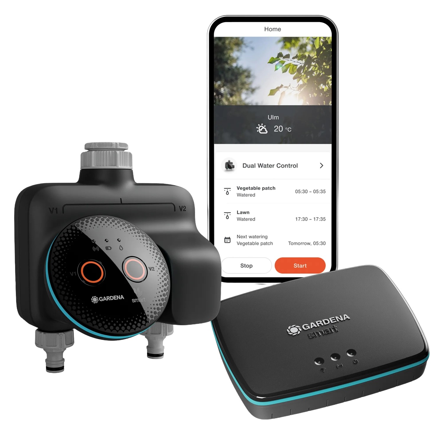 Gardena Smart Dual Water Control mit Gateway: Bewässerungscomputer für zwei Gartenbereiche.