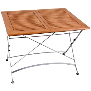 Rechteckiger, braun-schwarzer Garden Pleasure Klapptisch Wien, 150x90 cm, mit Eukalyptus-Tischplatte und Metallgestell.
