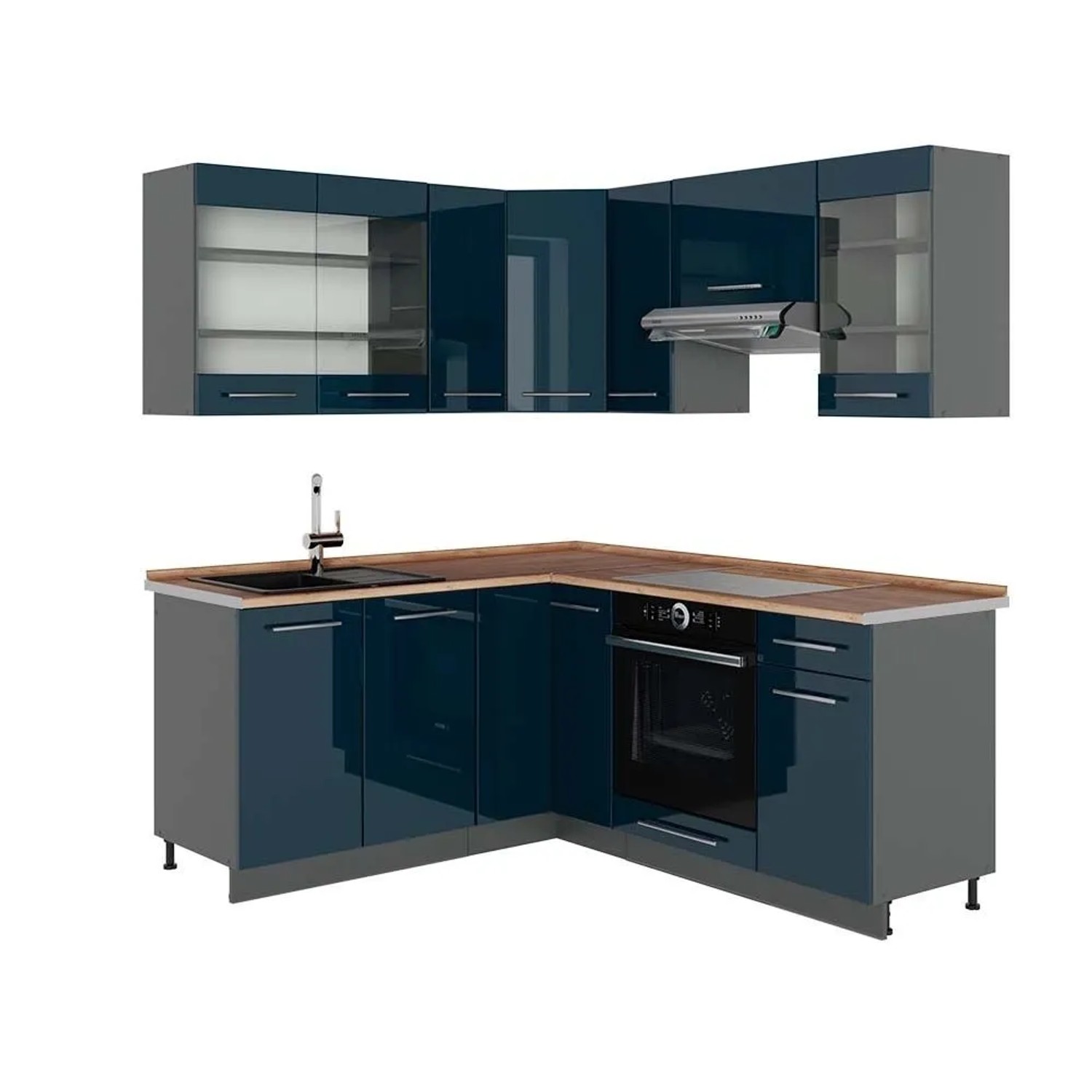 Vicco Küchenzeile Fame-Line Dunkelblau Hochglanz/Anthrazit 190 x 82, AP Eiche