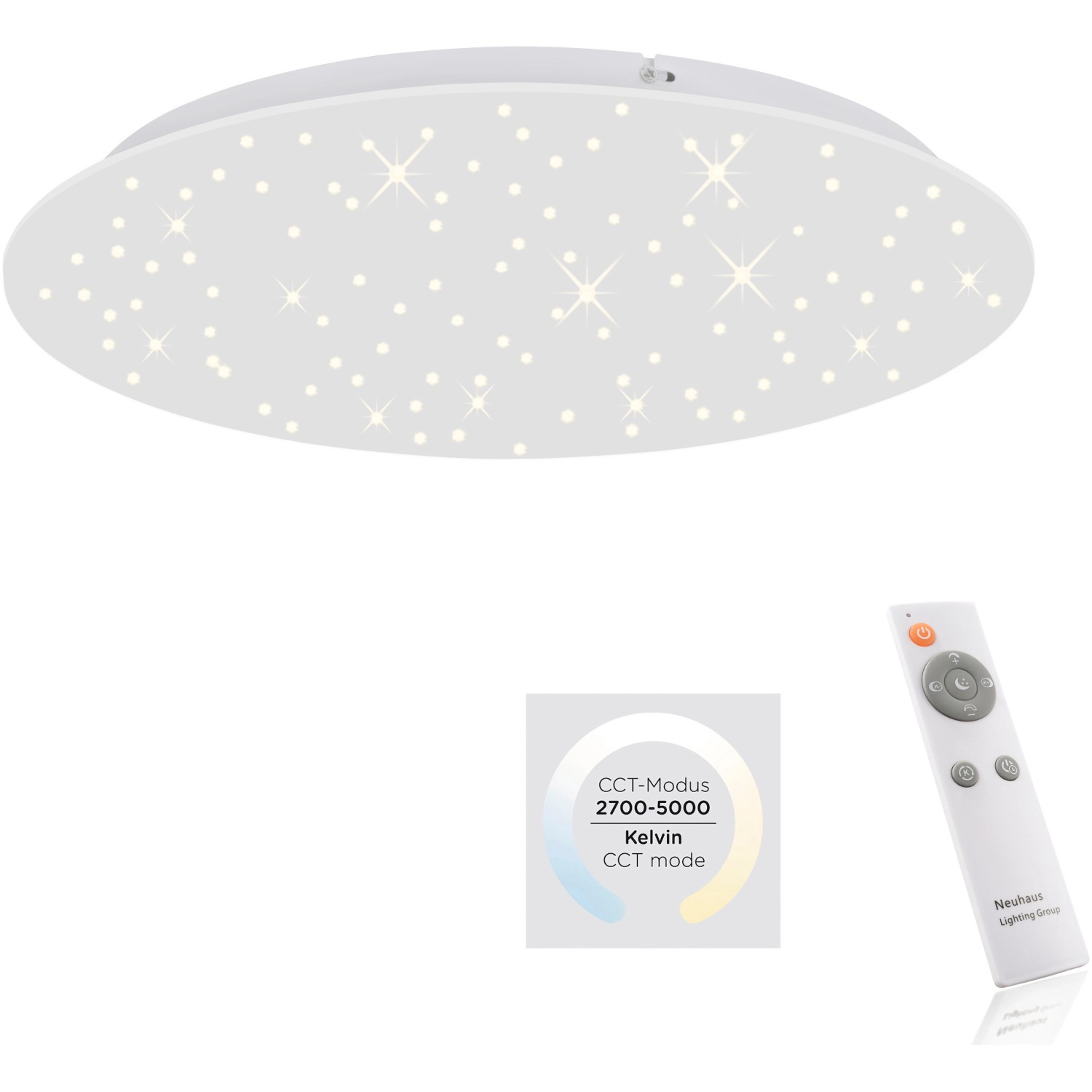 Weiße LED-Deckenleuchte Sternenhimmel (48x48cm) mit Fernbedienung zur Lichtsteuerung.