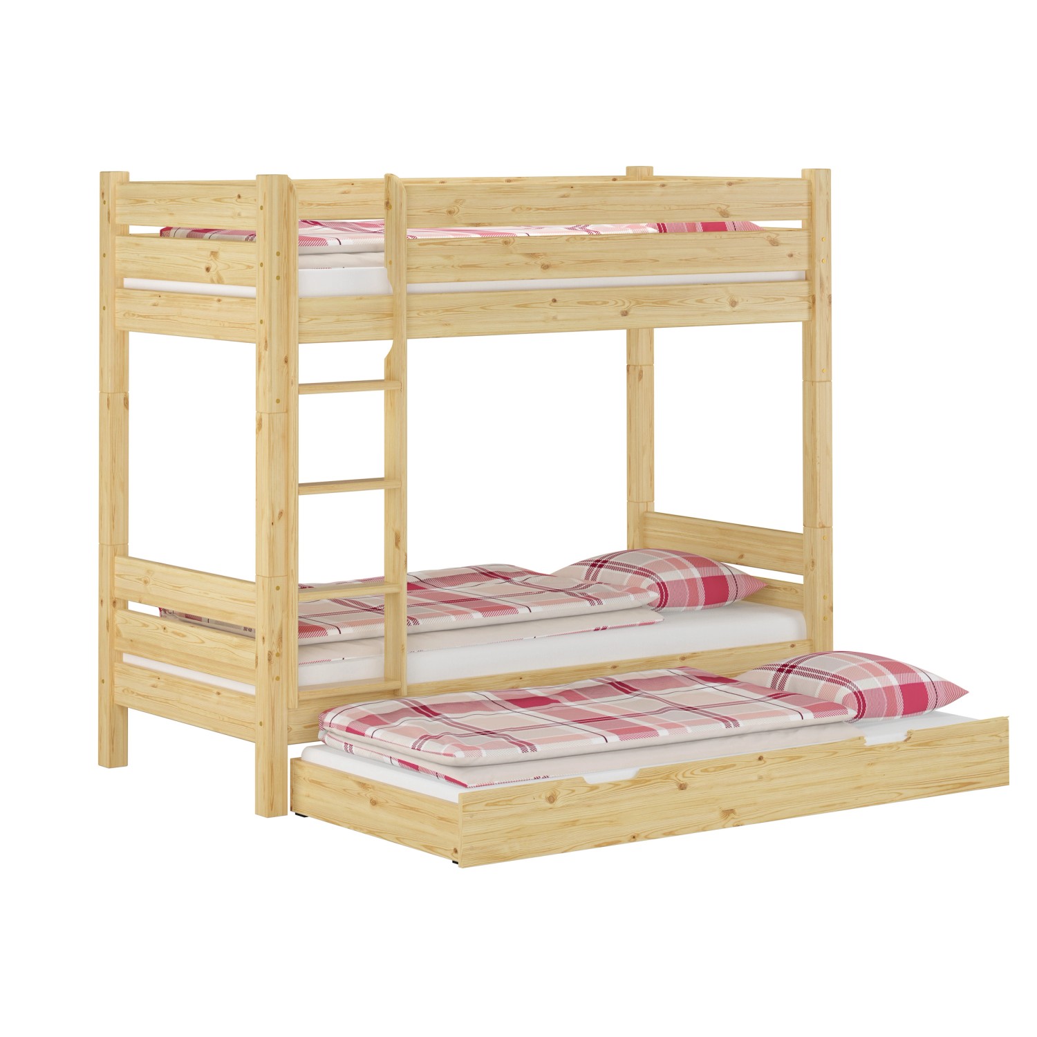 Extra stabiles Etagenbett aus Holz mit Rollrost und Bettkasten für Jugendzimmer und Erwachsene.