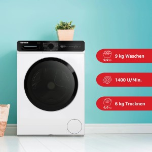 Telefunken Waschtrockner Kombi, weiße Waschmaschine mit Trockner, 9 kg Waschen, 6 kg Trocknen, 1400 U/Min
