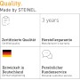 Qualitätsmerkmale der Steinel Außenleuchte: Zertifizierte Qualität, 3 Jahre Garantie, entwickelt in Deutschland, Kundenservice.