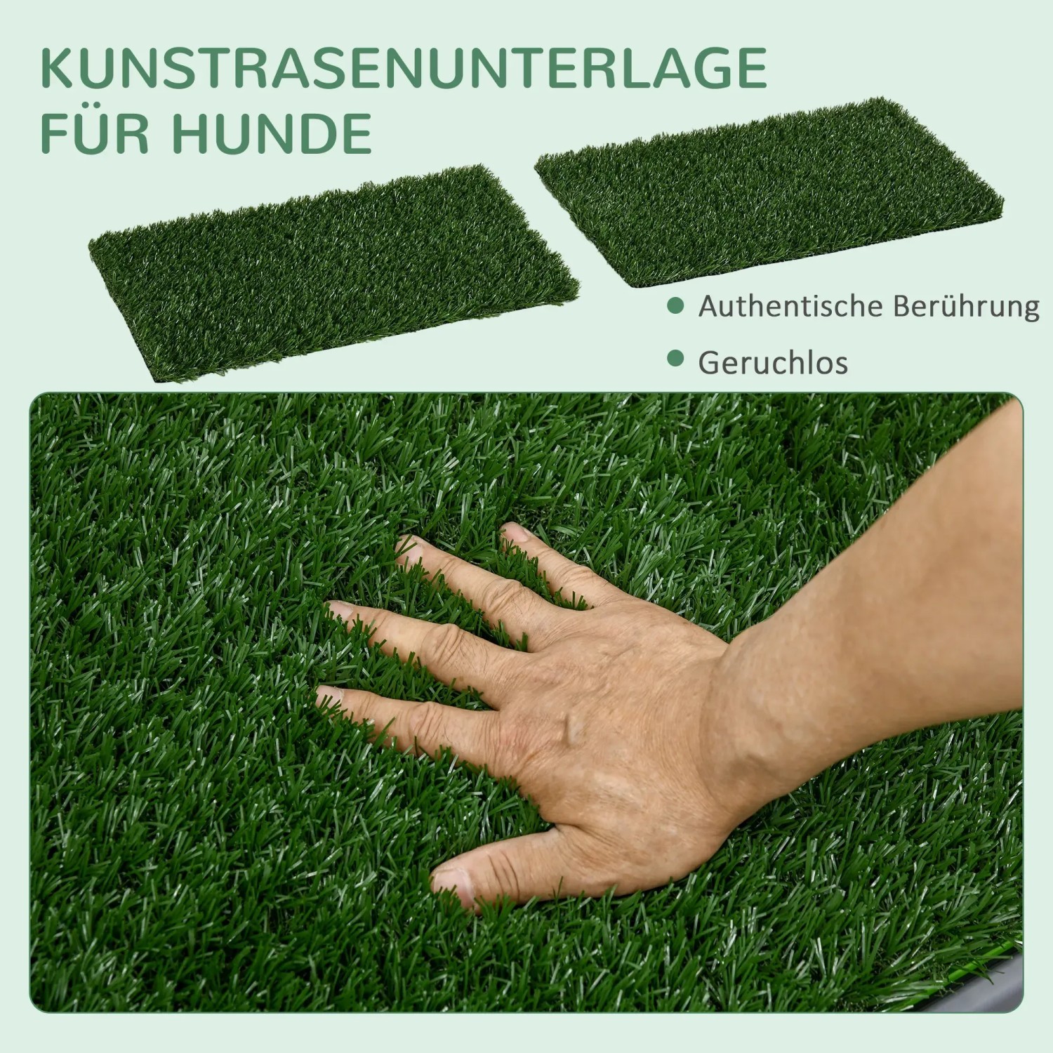PawHut Hundetoilette mit 2 Grasmatten: Detailaufnahme der Grasmatte mit Hand zur Demonstration der Textur.