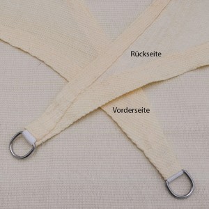 Detailaufnahme AMANKA Sonnensegel Dreieck Beige: Vorder- und Rückseite mit D-Ring aus Edelstahl.