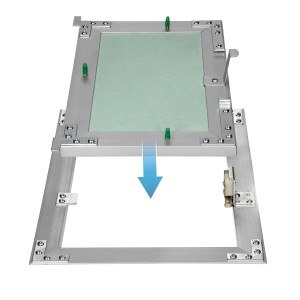 Offene ECD Germany Revisionsklappe 150x200 mm mit Gipskarton-Einlage und Aluminiumrahmen.