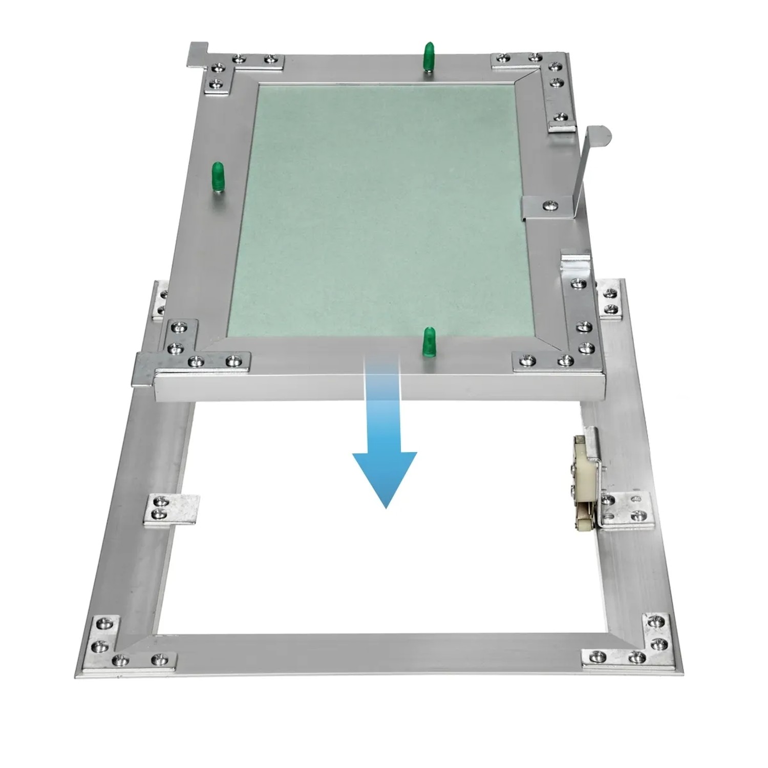 Offene ECD Germany Revisionsklappe 150x200 mm mit Gipskarton-Einlage und Aluminiumrahmen.