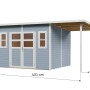 Hellgraues Bertilo Elementgartenhaus Felix 4 Plus XL (431x245cm) mit Anbau und Maßangaben.