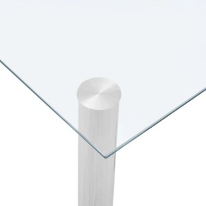 Detailansicht: Transparenter vidaXL Esstisch mit Glasplatte und Edelstahlfuß.