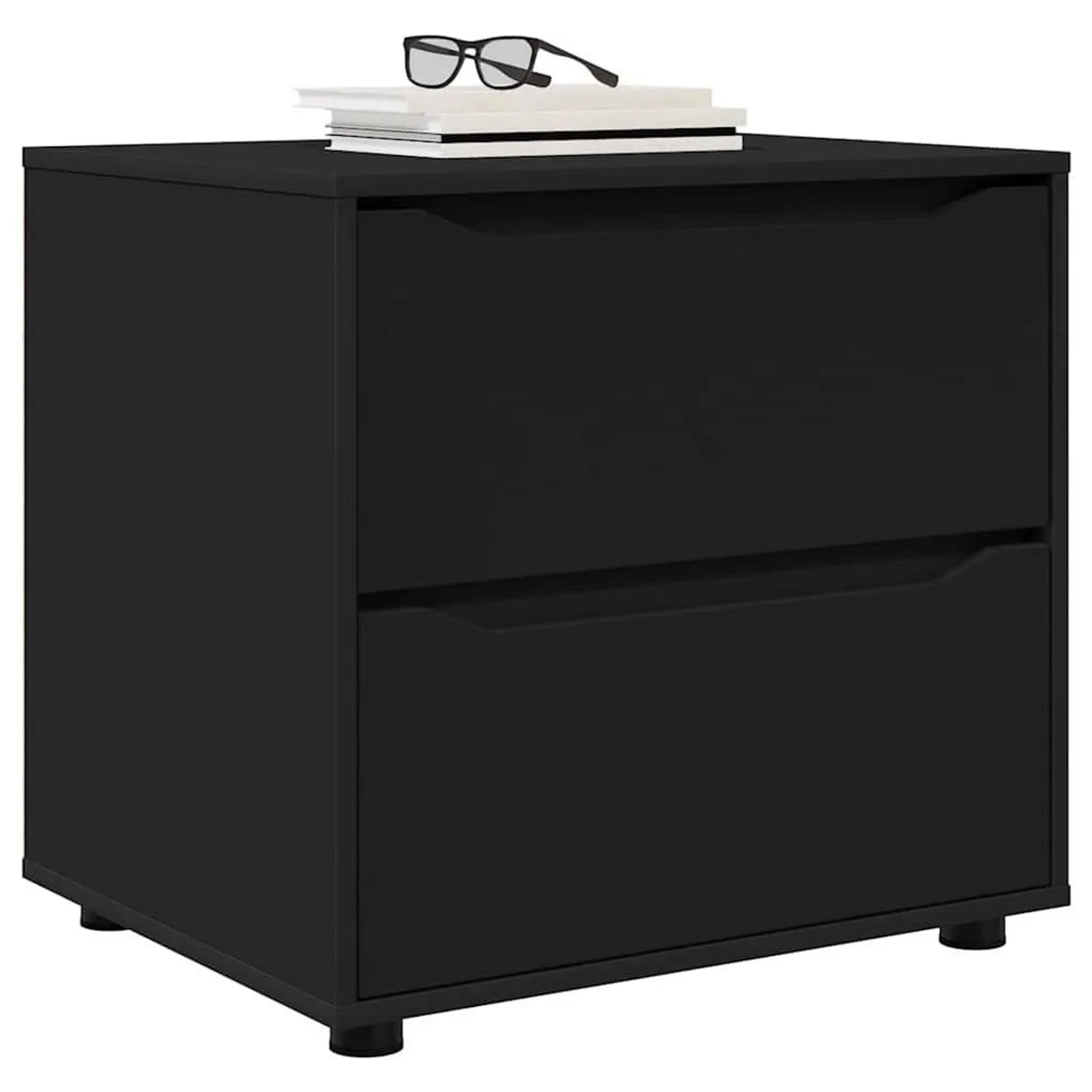 Schwarzer vidaXL Wohnzimmerschrank aus Holzwerkstoff mit 2 Schubladen, minimalistisch. Bücher & Brille oben.