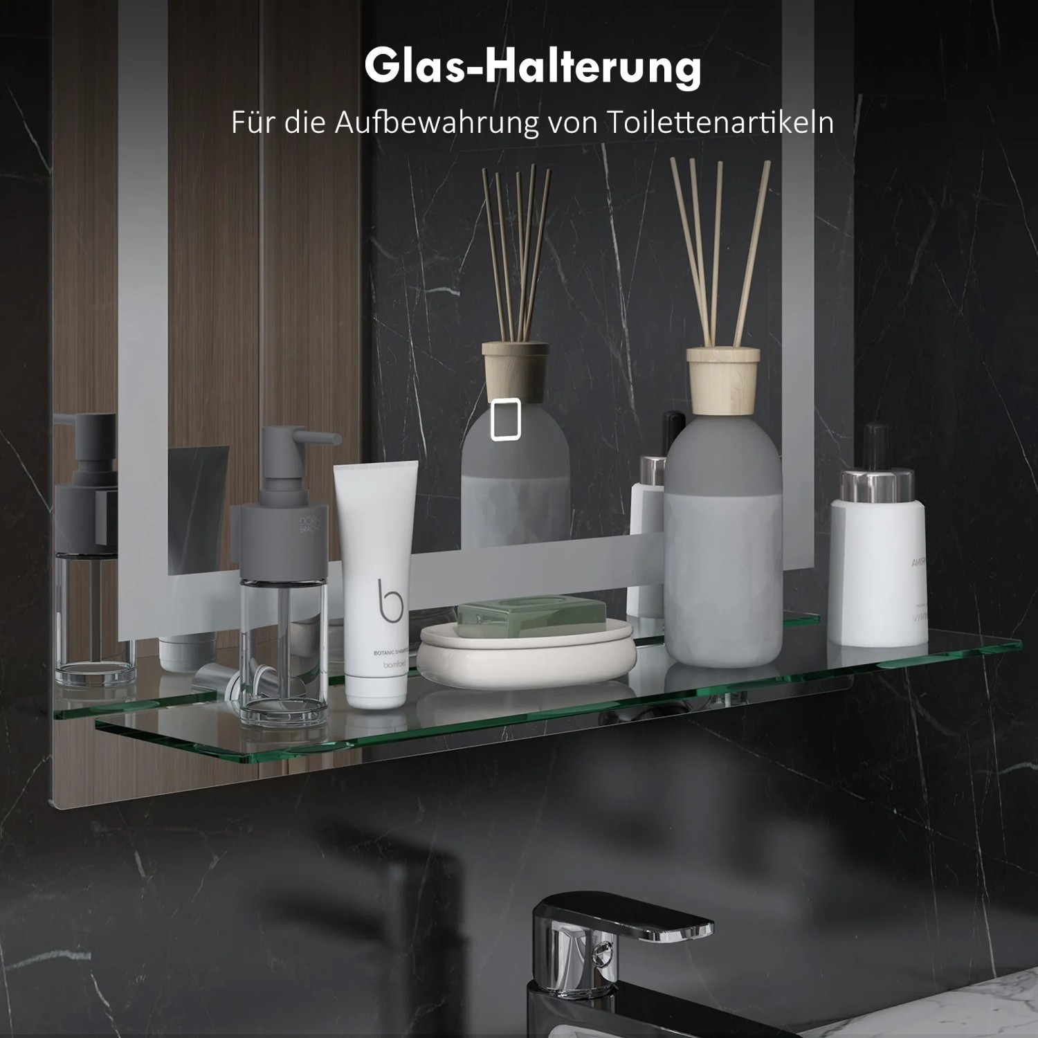 Kleankin Badspiegel mit Glasablage für Badutensilien, silberner Rahmen aus Aluminium.