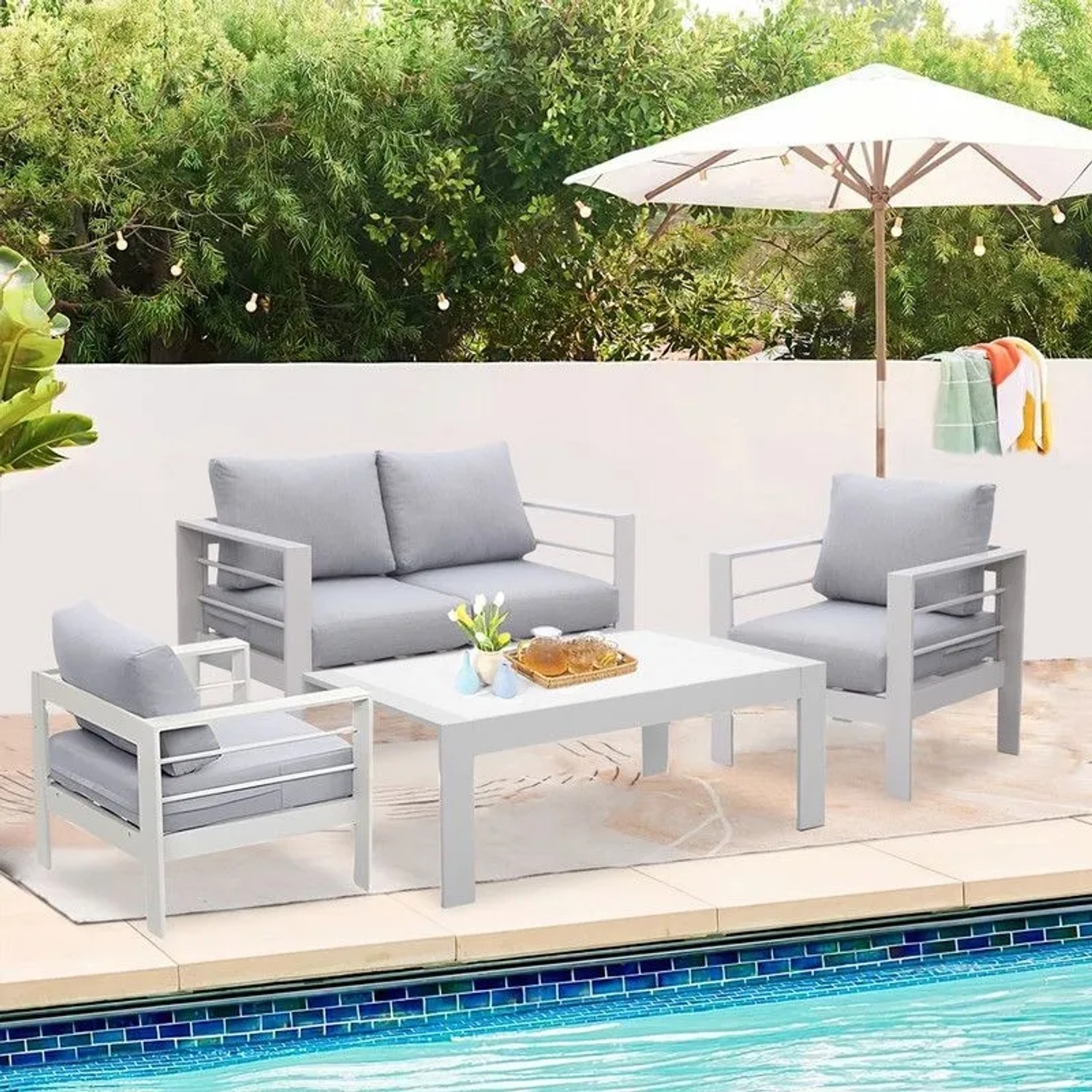 MeXo Gartenmöbel Set aus Aluminium Loungeset für 4 Personen Weiß_2