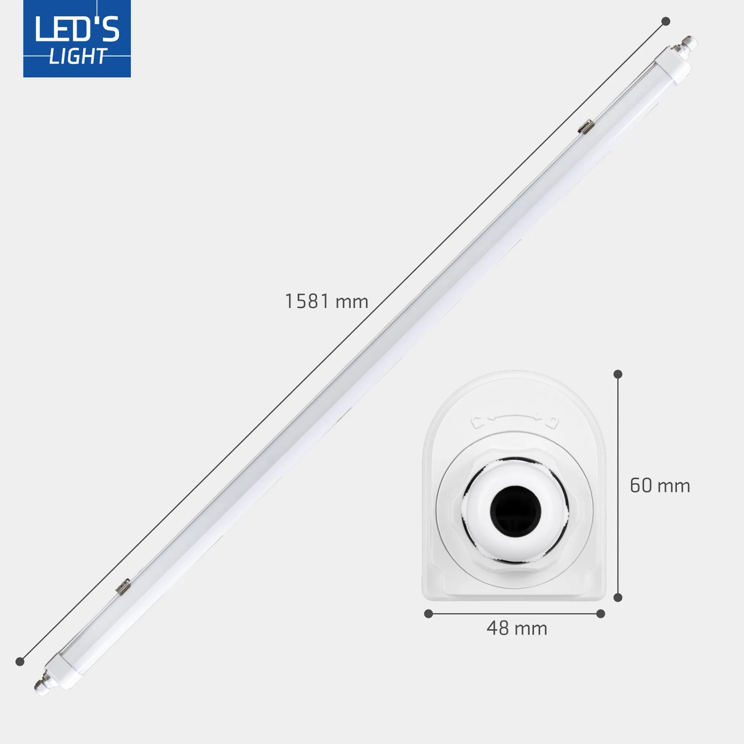 LED Feuchtraumleuchte, 46W, 150cm, 5520lm, 4000K, IP65, IK06. Staub- und Strahlwassergeschützt.