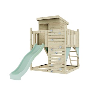 PolarPlay Stelzenhaus Polarlicht in Mintgrün mit Rutsche und Kletterwand aus Holz.