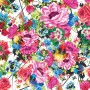 Komar Fototapete Romantic Pop: florales Muster in Pink, Blau und Grün auf weißem Grund.