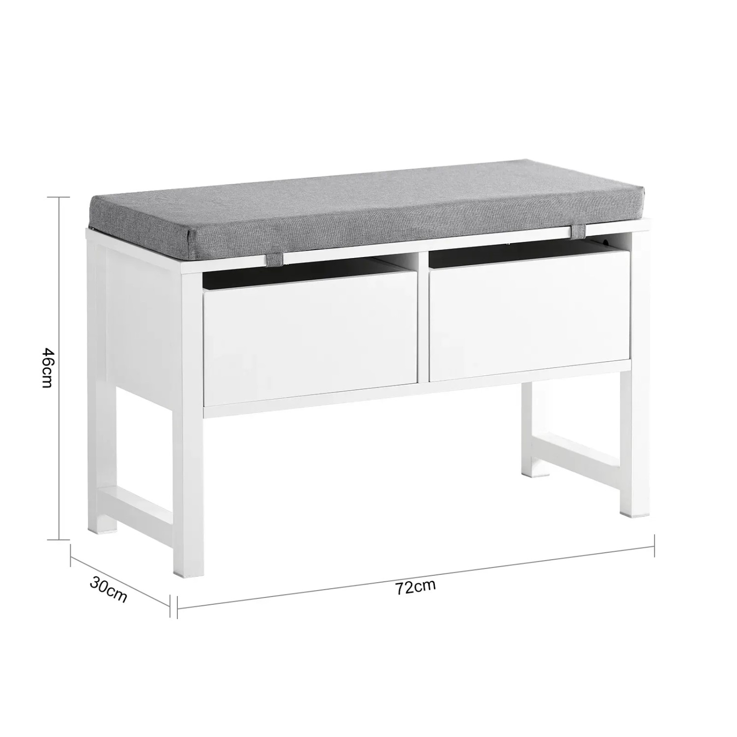 Weiße SoBuy Schuhbank mit grauem Sitzkissen und 2 Schubladen aus MDF. Praktische Sitzbank für Flur und Stauraum.