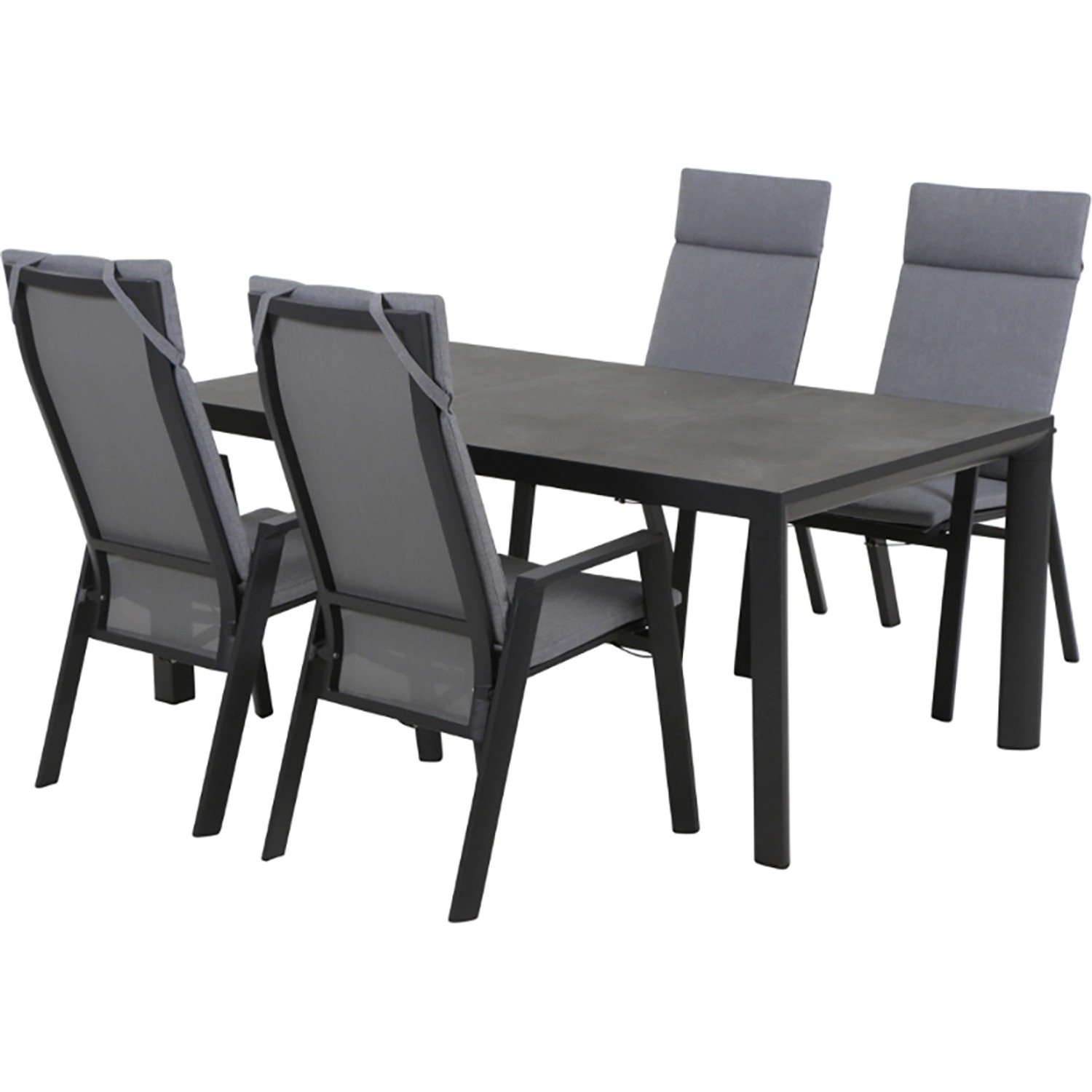 Siena Garden Valencia Dining Move Sessel, anthrazit-salt & pepper, mit Gartentisch und vier Gartenstühlen.
