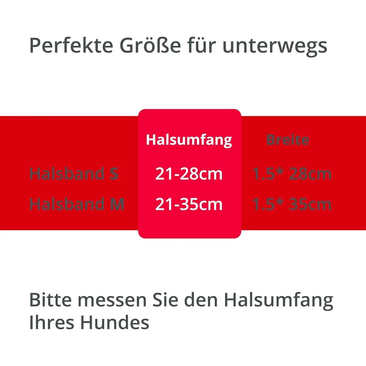 Größentabelle für PETSATION Katzenhalsbänder S (21-28cm) und M (21-35cm) mit Halsumfang und Breite.