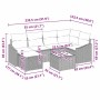 Hellgraues 7-teiliges Garten-Sofa-Set aus Poly Rattan mit Tisch und Kissen. Abmessungen sind auf dem Bild dargestellt.