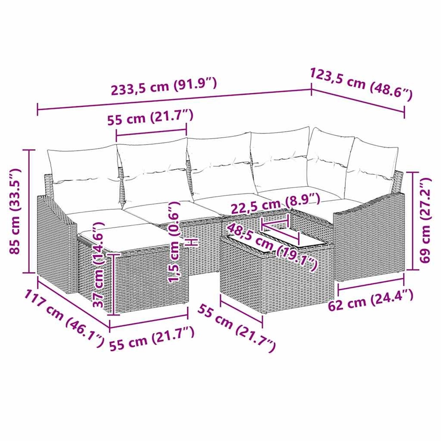 Hellgraues 7-teiliges Garten-Sofa-Set aus Poly Rattan mit Tisch und Kissen. Abmessungen sind auf dem Bild dargestellt.