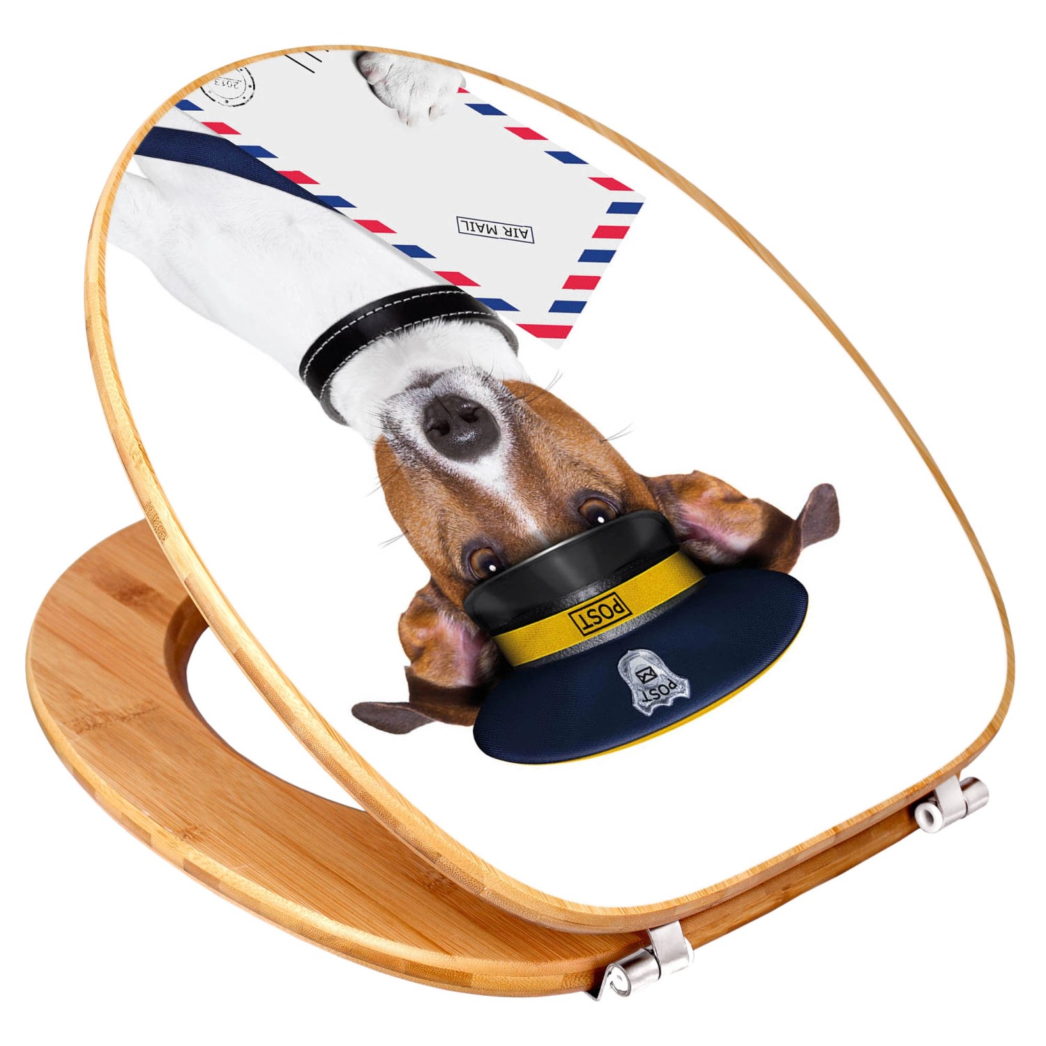 Banjado WC-Sitz aus Bambus mit Jack Russel Motiv als Postbote. Toilettendeckel für Standard WC.