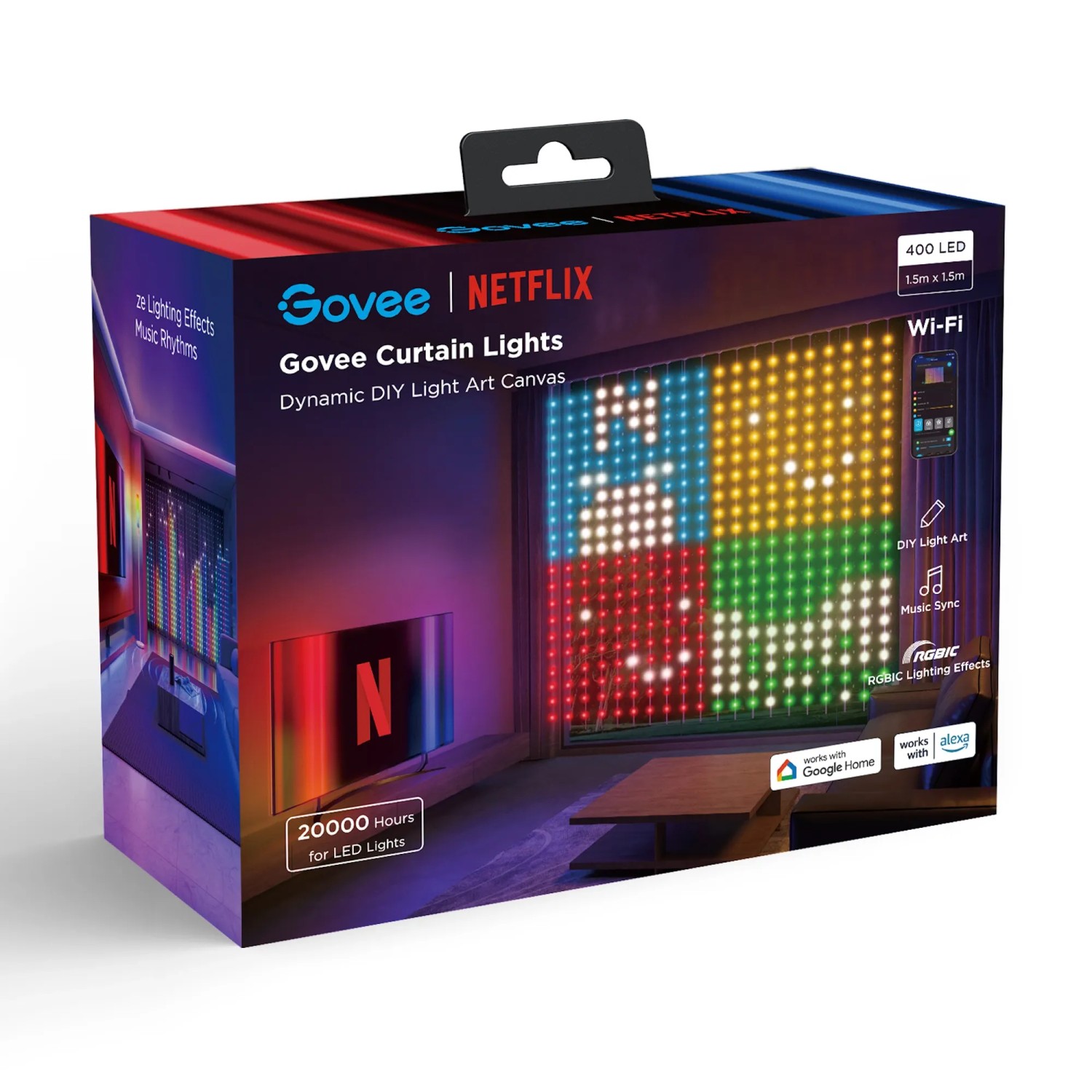 Verpackung der Govee X Netflix Gardinenleuchte H70BC. LED-Streifen mit individualisierbaren Lichteffekten.