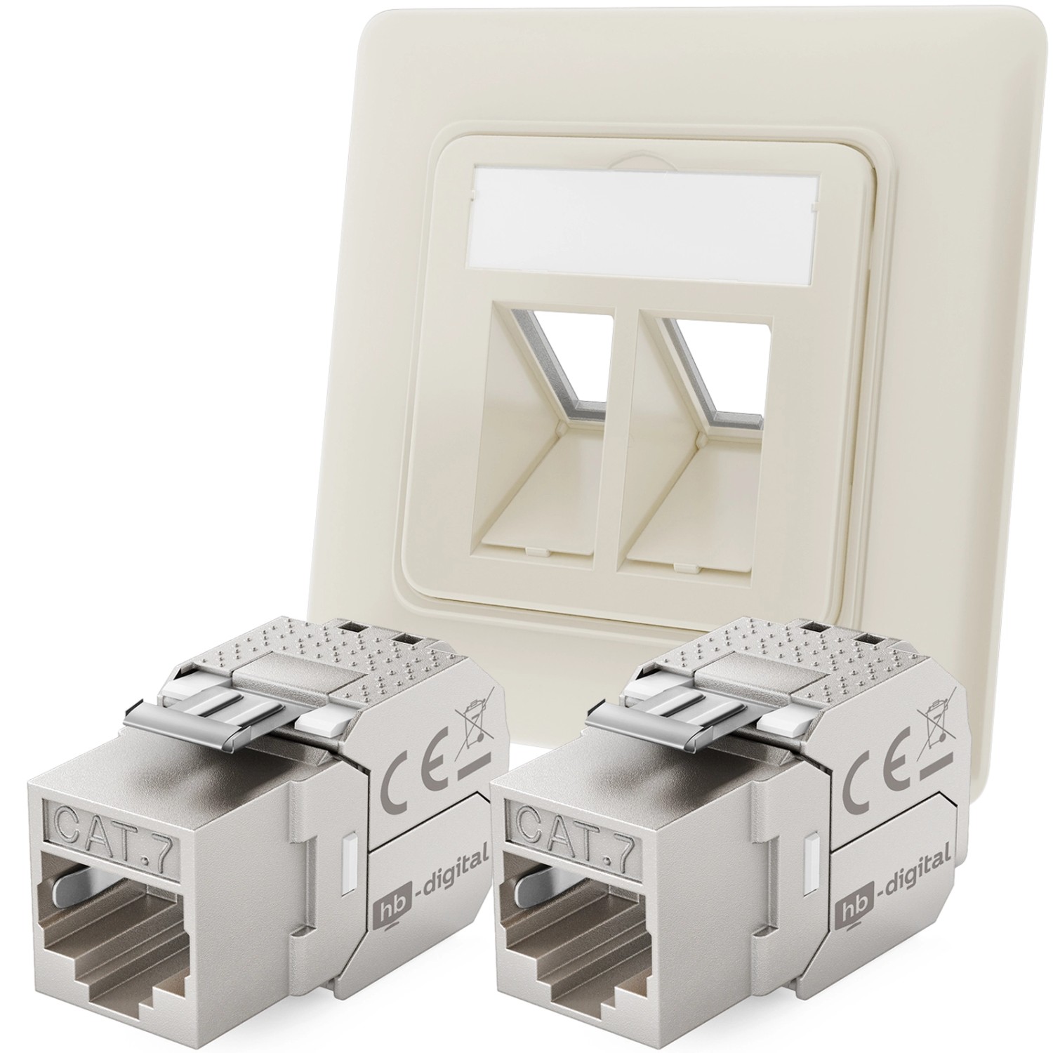 hb-digital Netzwerkdose Unterputz Einsatz 2 Port mit 2x Keystone Modul CAT 7 RAL9010