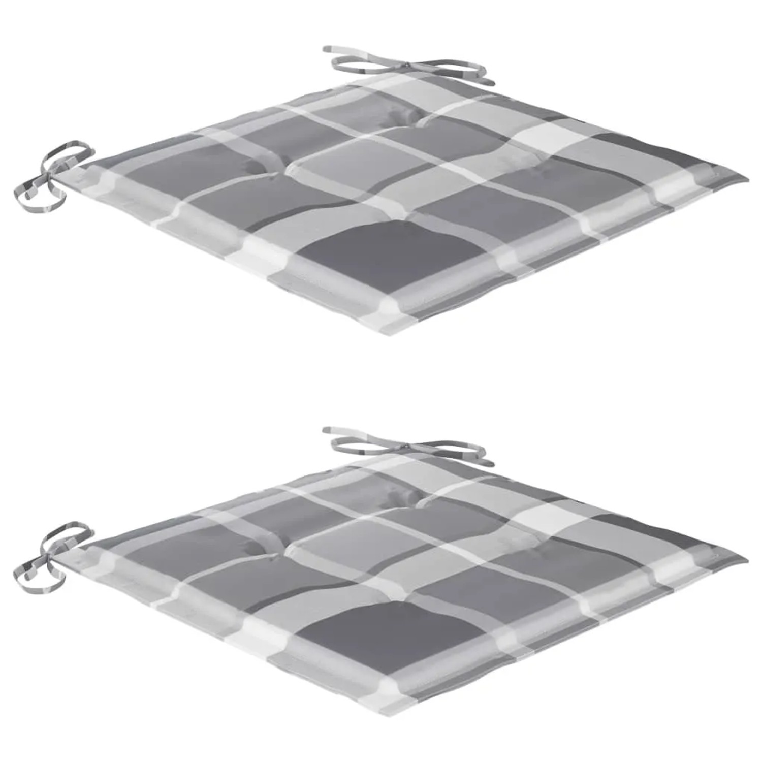 Zwei graue Sitzkissen mit Karomuster für Bistro-Gartenmöbel, mit Bändern zur Befestigung.