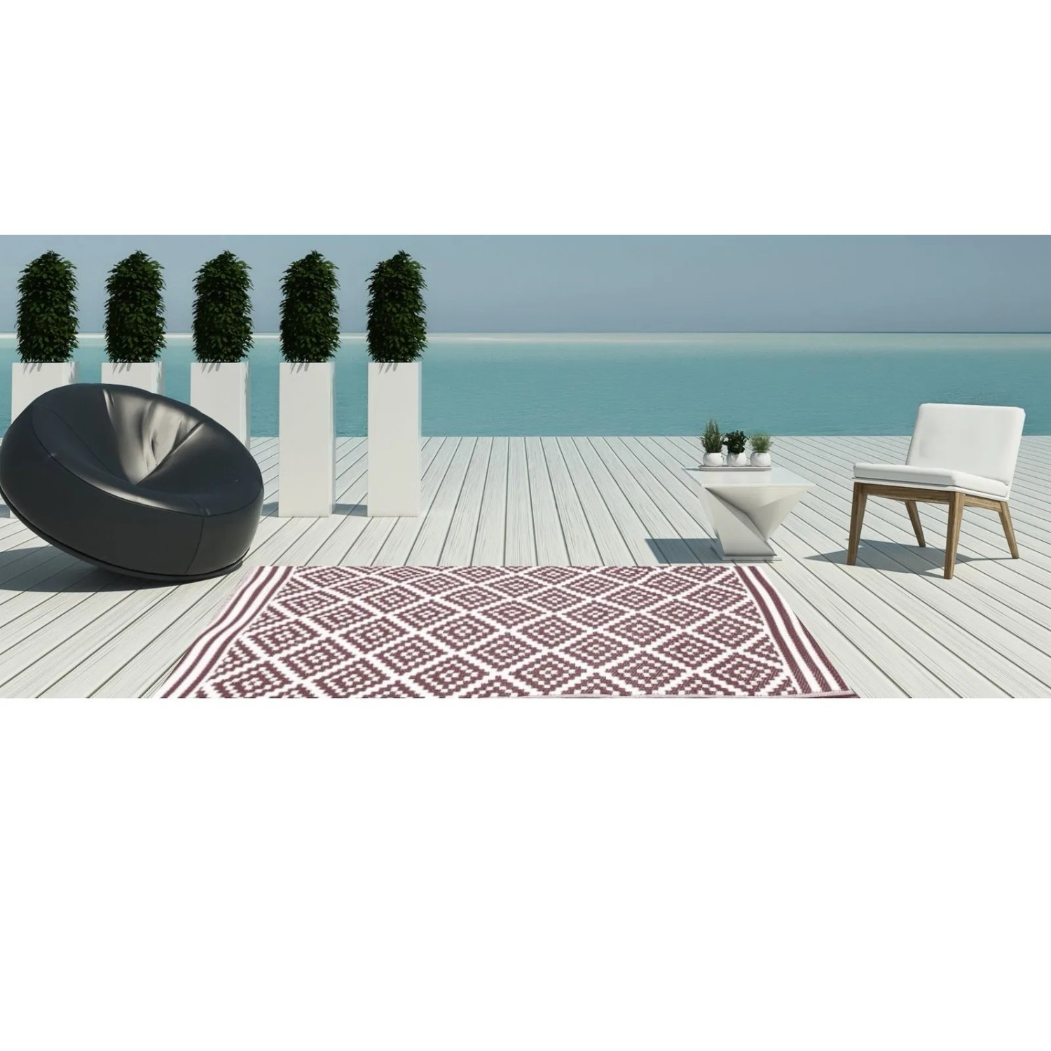 Jet-Line Outdoorteppich Austin Braun mit geometrischen Mustern auf Terrasse.